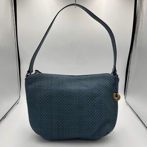 The Sak Woven Hobo Shoulder Bag Slate Blue Zip Top Logo Charm